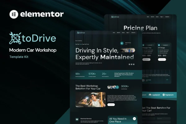 Otodrive car workshop Elementor template kit cover showing modern auto service page designs