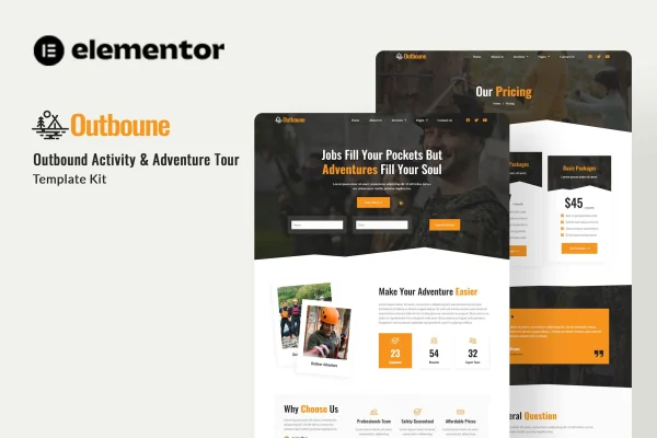 Outbone adventure tour Elementor template kit cover showing outdoor activity page layouts