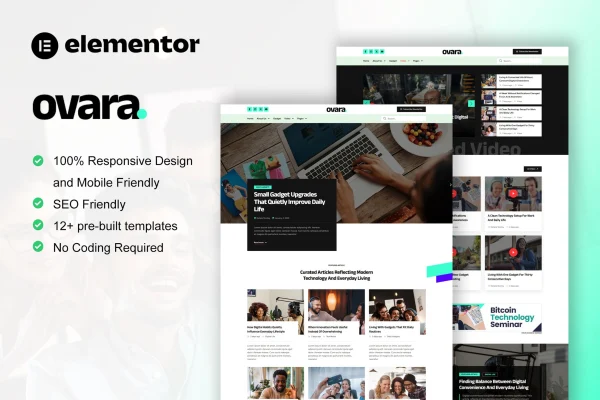 Ovara modern blog Elementor Pro template kit cover