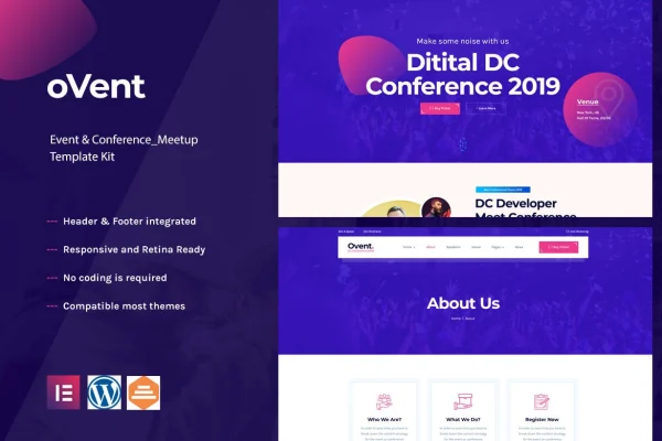 Ovent event conference and meetup Elementor template kit preview