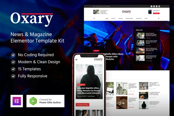 Oxary news and magazine Elementor template kit preview