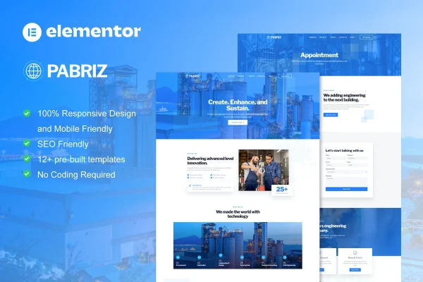 Pabriz engineering and industrial Elementor template kit page previews
