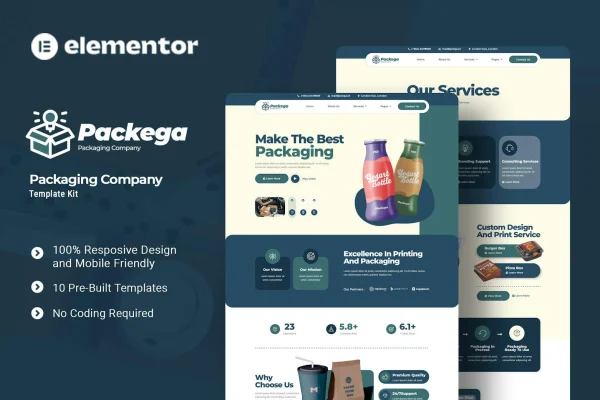 Packega packaging company Elementor template kit page previews