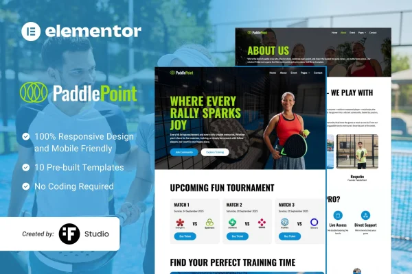 PaddlePoint Elementor template kit preview for paddle gear and court booking websites