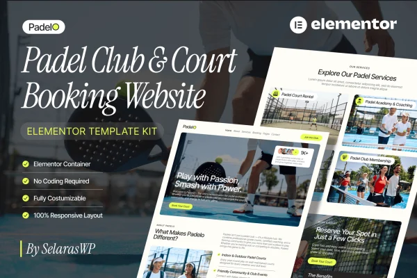 Padelo padel club and court booking Elementor Pro template kit preview