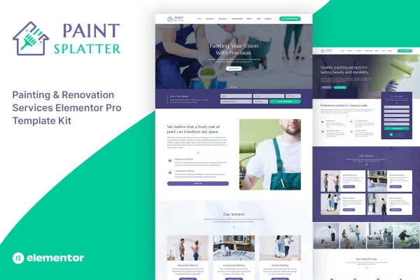 Paint Splatter Elementor template kit preview for a painting and renovation business website