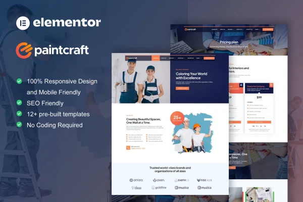 PaintCraft Elementor template kit preview for a painting and wallpapering service website