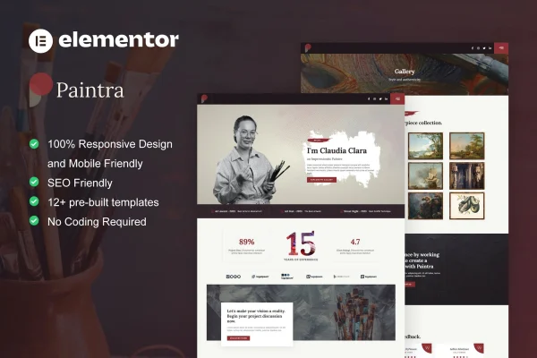 Paintra Elementor template kit cover showing artist and painter website pages