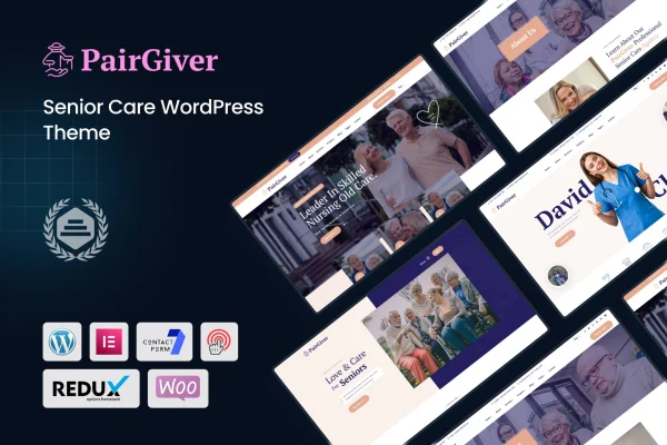 PairGiver senior care WordPress theme preview with homepage layouts