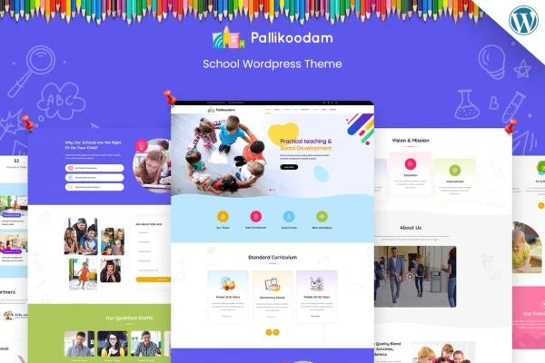 Pallikoodam school WordPress theme preview with education homepage layout