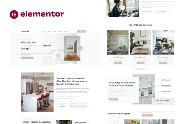Pamily house interior design Elementor template kit preview