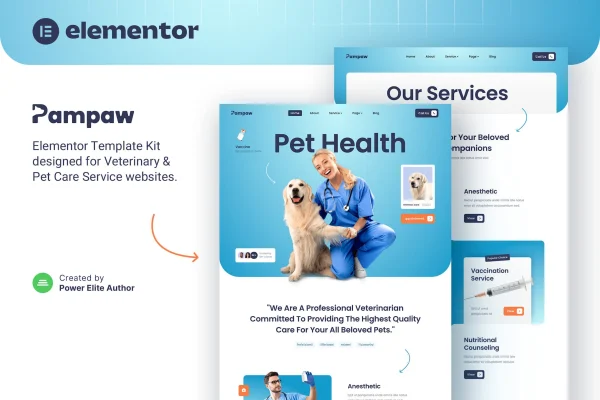 Pampaw veterinary and pet care Elementor template kit preview