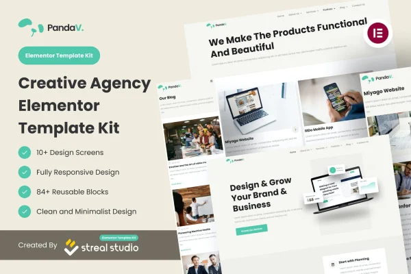 PandaV creative agency Elementor template kit preview showing page layouts