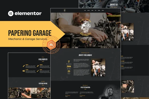 Paperino Garage mechanic Elementor template kit cover with dark garage-themed page layouts
