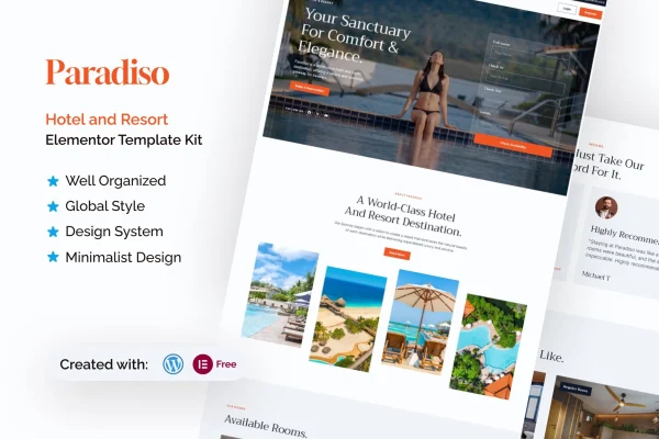 Paradiso hotel and resort Elementor template kit preview