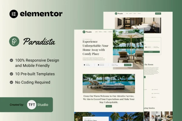 Paradista luxury accommodation Elementor template kit preview