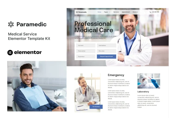 Paramedic medical Elementor template kit cover showing healthcare website page layouts