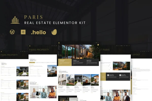 Paris real estate Elementor template kit preview with property listing pages