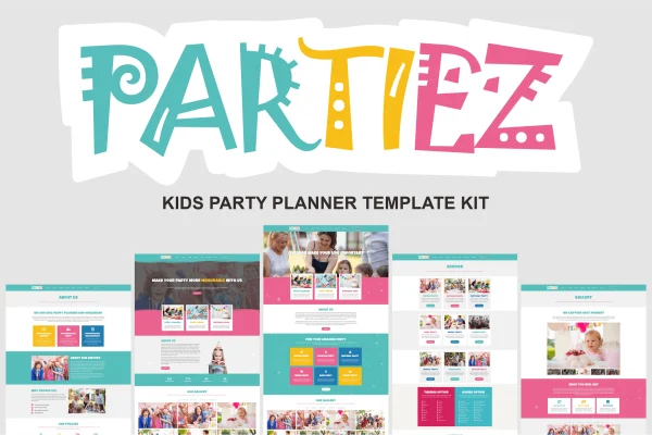 Partiez kids party planner Elementor template kit preview with colorful page layouts