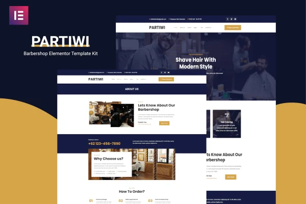 Partiwi barbershop Elementor template kit page previews