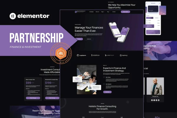 Partnership finance and investment consultant Elementor template kit preview