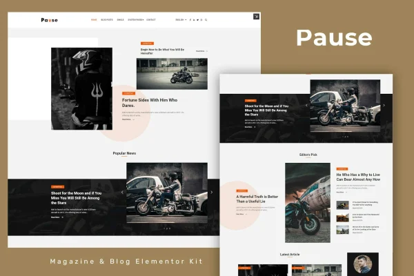 Pause blog and magazine Elementor template kit preview