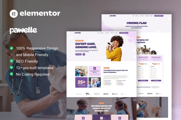 Pawelle veterinary and pet care Elementor Pro template kit preview