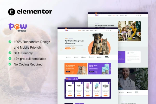 PawParadise WooCommerce pet shop Elementor template kit preview