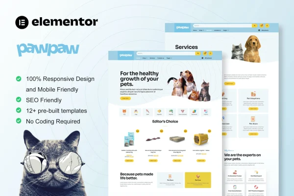 PawPaw pet shop and pet care Elementor template kit preview