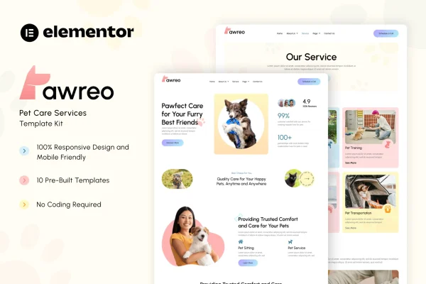 Pawreo pet care services Elementor template kit preview