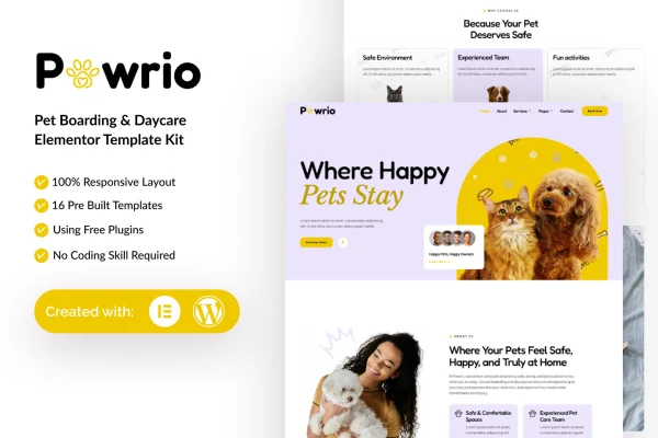 Pawrio pet boarding and daycare Elementor template kit preview
