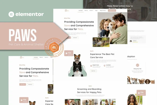 Paws pet care and animal shelter Elementor template kit preview