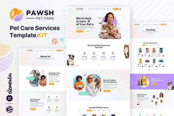 Pawsh pet care and shop Elementor template kit preview