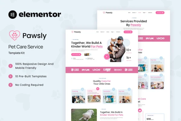 Pawsly pet care service Elementor template kit preview