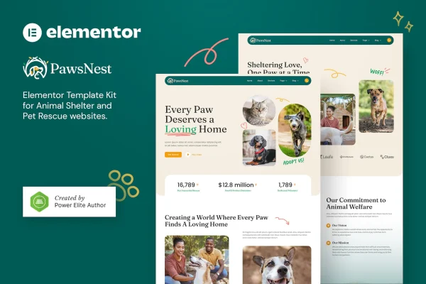PawsNest animal shelter and pet rescue Elementor template kit cover