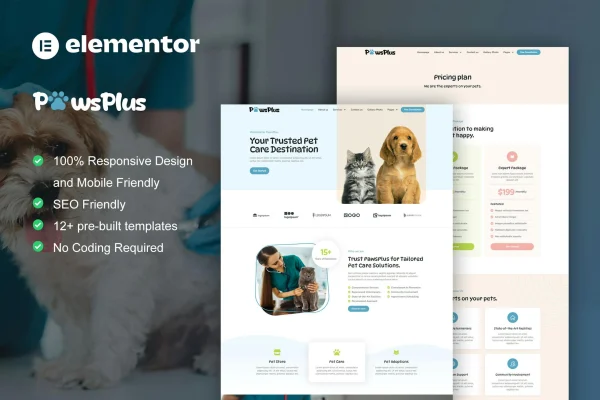 PawsPlus pet care and veterinary Elementor template kit preview