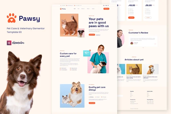 Pawsy pet care and veterinary Elementor template kit preview
