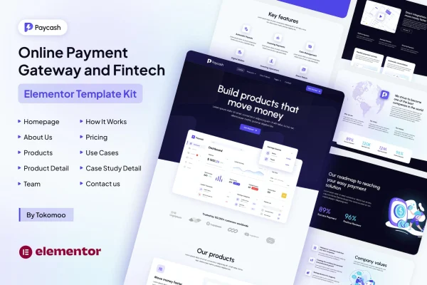 Paycash fintech and payment gateway Elementor template kit preview