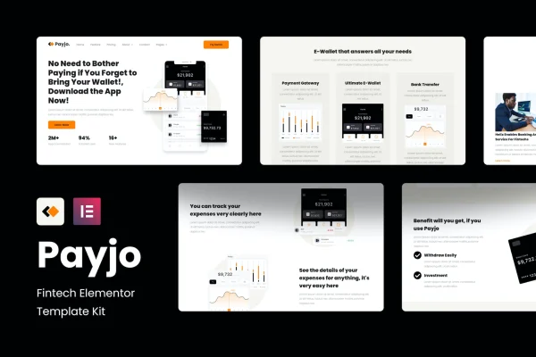 Payjo fintech Elementor template kit cover showing website page designs