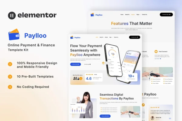 Paylloo Elementor template kit preview for online payment and finance websites