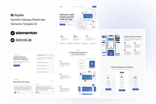 PayMe payment gateway mobile app Elementor template kit preview
