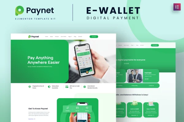 Paynet Digital E-wallet Elementor Template Kit preview of fintech website page templates