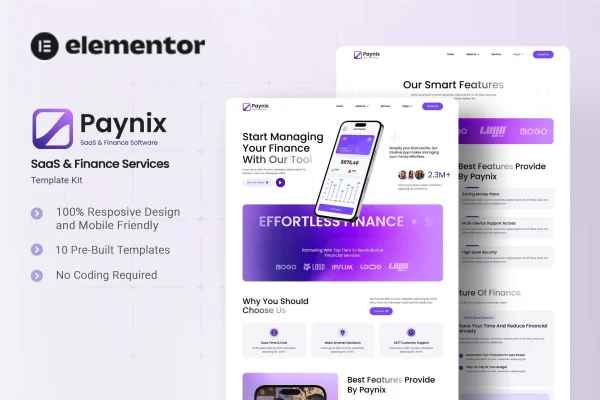 Paynix SaaS and finance services Elementor template kit preview
