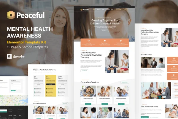 Peaceful mental health awareness Elementor template kit preview