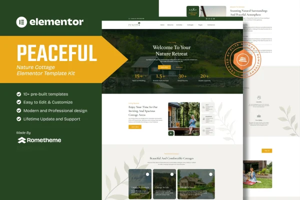 Peaceful nature cottage Elementor template kit page previews