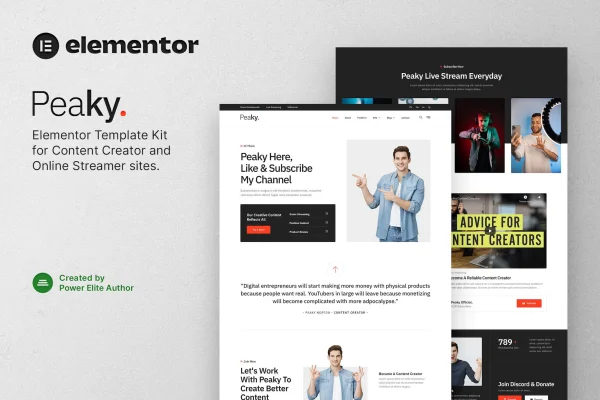 Peaky Elementor template kit cover for content creators and online streamers