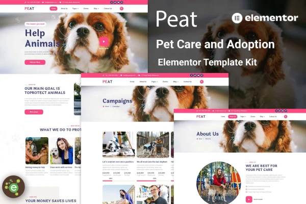 Peat pet care and adoption Elementor template kit cover image