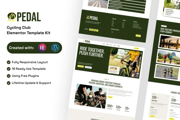Pedal cycling club Elementor template kit cover showing website page layouts