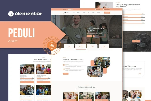 Peduli charity Elementor template kit preview showing nonprofit website pages