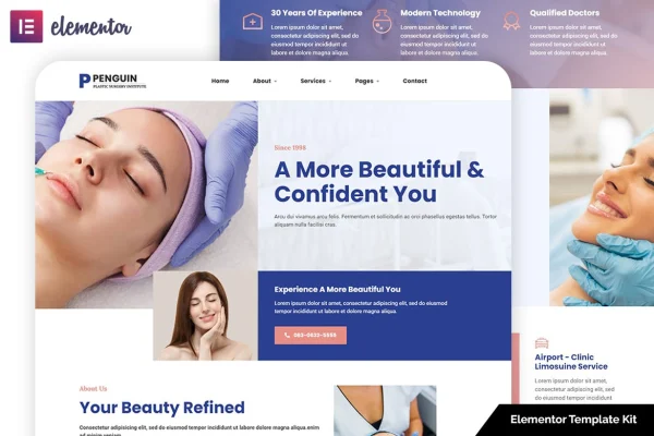 Penguin plastic surgery Elementor template kit preview showing clinic website pages